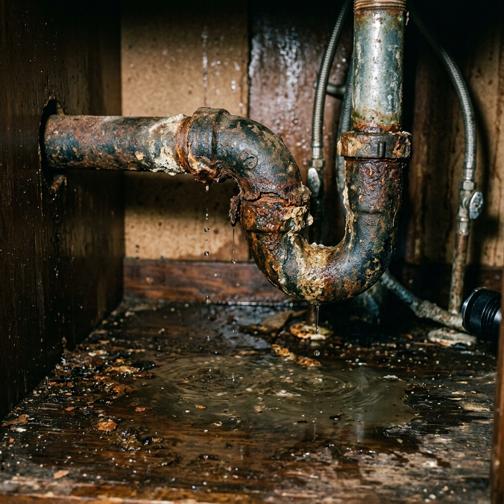 Leaking corroded pipe under sink - escondido plumbing